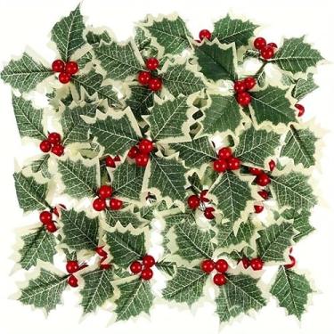 Imagem de Conjunto de 10 peças luxuosas bagas de azevinho artificiais de seda com folhas verdes, decoração vibrante de inverno para guirlandas de Natal, topos de bolo DIY (vermelho)