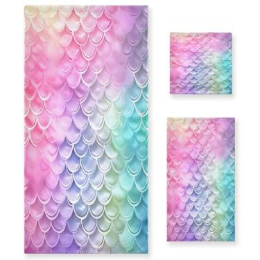 Imagem de xigua Conjunto de toalhas de banheiro de sereia arco-íris absorvente macio 3 peças toalha de banho toalha de mão toalhas decorativas para banheiro, academia, hotel, praia, piscina