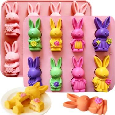 Imagem de 2 moldes de silicone para coelhinho da Páscoa, 8 cavidades, antiaderentes, 3D, formas de chocolate para assar bolos, bandejas de cubos de gelo, sabonete, resina, grau alimentício, moldes de gelatina