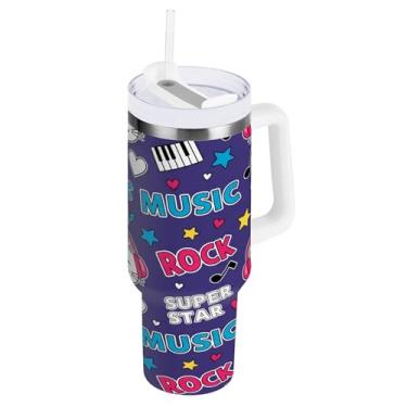 Imagem de Burbuja Copos isolados de gato rock de desenho animado de 1,134 g com alça e tampa de palha, caneca de viagem de aço inoxidável de parede dupla à prova de vazamento, presente para mamãe papai