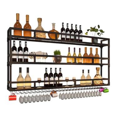Imagem de Grande rack de vinho montado na parede com luz LED, prateleiras de metal de 3 camadas, exibição de garrafa de licor flutuante industrial, suporte de vidro para casa e cozinha (preto, 80 x 25 x 90 cm)