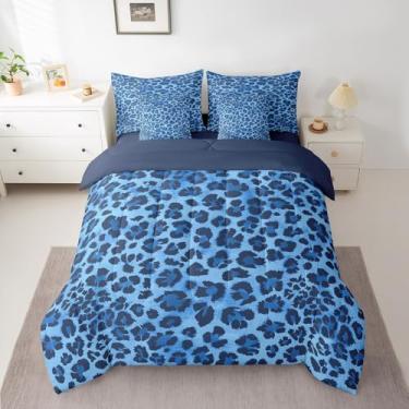 Imagem de Feelyou Jogo de cama com estampa animal, tamanho casal, leopardo azul, 7 peças, decoração de cama de guepardo em uma bolsa com edredom, lençóis, fronhas e capa de almofada