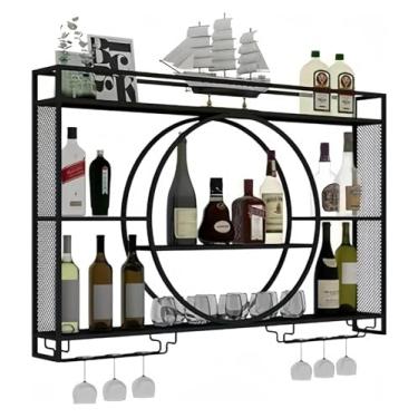 Imagem de Rack de vinho de metal industrial montado na parede - Prateleiras de bar de 3 camadas com suporte de vidro, grande prateleira flutuante de exibição de bebidas para decoração de cozinha e sala de estar