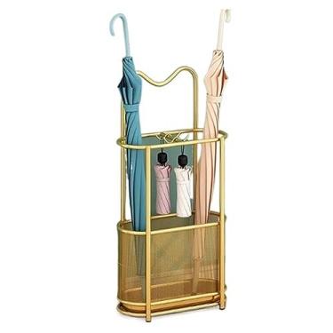 Imagem de Suporte para guarda-chuva, suporte de guarda-chuva, suporte para entrada de hotel, suporte de guarda-chuva de metal com bandeja de gotejamento à prova de ferrugem e 4 ganchos, suporte de guarda-chuva