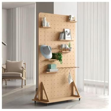 Imagem de Organizador independente de madeira com rodas - Painéis de exibição modulares montados na parede para casa e escritório - Suporte de armazenamento de artesanato de madeira maciça (Natural-A)