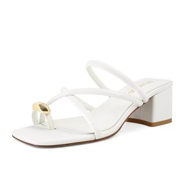 Imagem de SOVANYOU Sandálias femininas de salto com tiras, anel, salto grosso, plataforma, bico quadrado, casual, elegante, Branco, 35