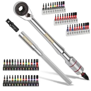 Imagem de Geinxurn Conjunto de 60 chaves de catraca com cabo em T, catraca reversível de 72 dentes com barra de extensão, adaptador de soquete de 1/10.2 cm e broca de chave de fenda de impacto (Phillips/Torx