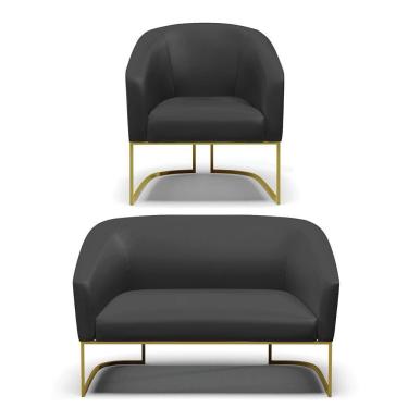 Imagem de Sofá Namoradeira E Poltrona Base Industrial Dourado Stella Corino D03 - D'rossi Cor Preto