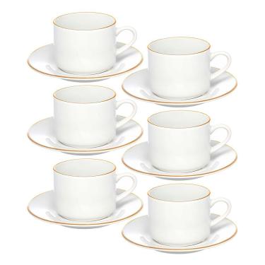 Imagem de Jogo 6 Xícara De Chá Porcelana Borda Dourada Com Pires Café Royal Premium 200ml Haüskraft