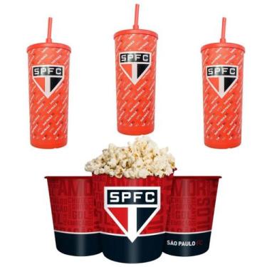 Imagem de Kit 3 Copos + 3 Baldes Pipoca Plástico Vermelho Tampa E - Brasfoot