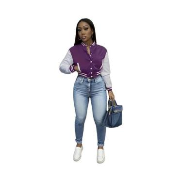 Imagem de Jaqueta De Beisebol Feminina Com Combinação De Cores E Letras, De Botã