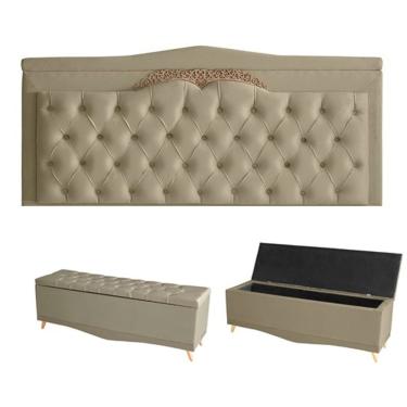 Imagem de Kit Barcelona Cabeceira De Cama Painel E Calçadeira Baú Casal 140 Cm Suede Bege Do Lar Móveis E Decoração