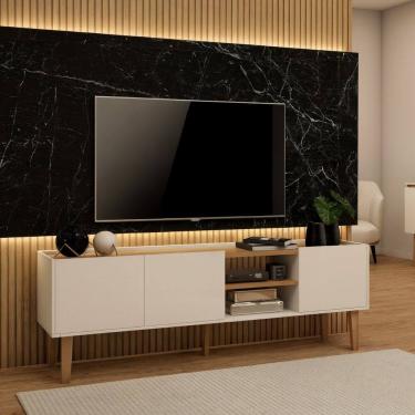 Imagem de Rack para Tv 60 Polegadas Multiuso Compacto com Prateleiras e Nicho branco e amadeirado