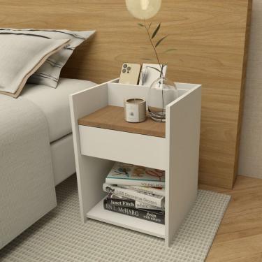Imagem de Mesa de Cabeceira Moderna para Quarto Funcional Organizador branco e amadeirado
