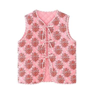 Imagem de Colete Feminino De Algodão Acolchoado Com Estampa Floral, Gola O Doce,