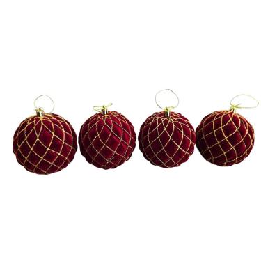 Imagem de Jogo Bolas Relevo Veludo Bordo - Fio Dourado 4 Unid. para Decoração de Natal com Estrut...
