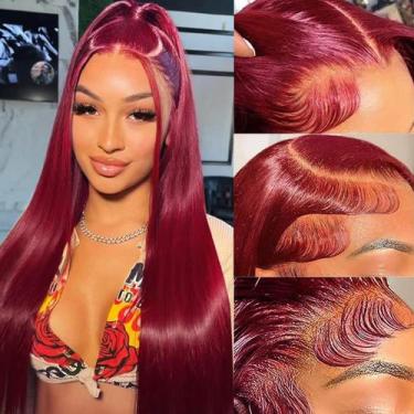 Imagem de Perucas frontais de renda AUOU 99m Borgonha, cabelo humano liso, 60 cm