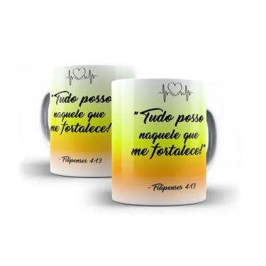 Imagem de Xícara Branca Porcelana Decorada Mensagem Bíblica Filipenses 4:13 - 32