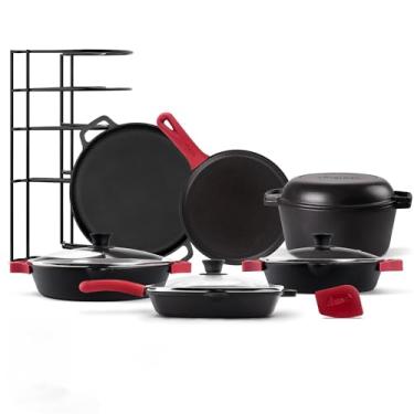 Imagem de Cuisinel Conjunto de panelas pré-temperadas de ferro fundido de 18 peças: frigideiras de 25,4 cm + 30,5 cm com tampas + forno holandês de 5 litros + frigideira quadrada de 26,7 cm com tampa +