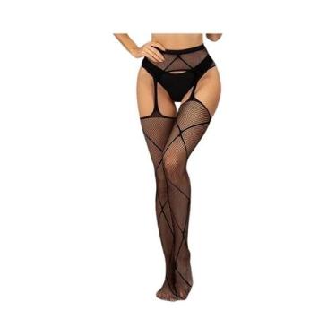 Imagem de Meias De Rede Femininas Com Strass E Abertura Na Virilha, Com Ligas, M