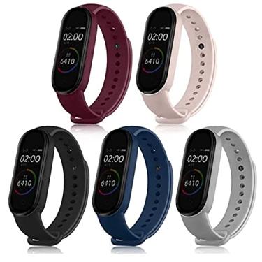 Imagem de Pacote Kit 5 Pulseiras Extras Compatível com Mi Band 5 6 Sport Silicone Cores Vivas (Vinho+Rosa-claro+Preto+Azul+Cinza)