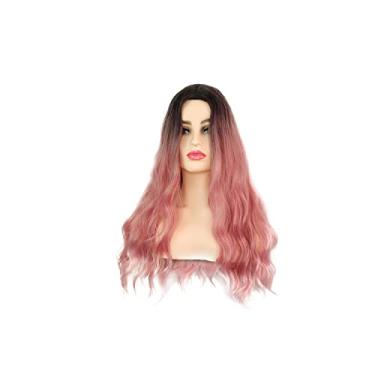 Imagem de Peruca Longa Ondulada Ouro Linho Branco Cinza Claro Rosa Peruca Feminina Sintética Encaracolada Parte do Meio Fibra Resistente ao Calor Adequado para uso em festas diárias (Rosa 22 polegadas)