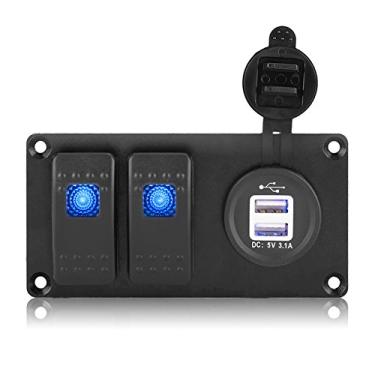Imagem de Adesivo de fluxo de ar para carro, Qiilu 2 entradas 12-24 V azul LED painel de interruptor basculante com porta USB dupla de 3,1 A para carro RV Marine Boat 3 pinos