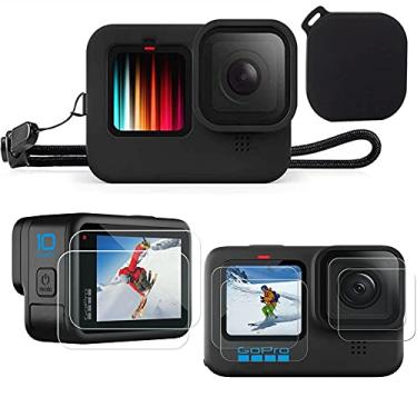 Imagem de Kit de acessórios de câmera para GoPro Hero10/9 preto, capa protetora de silicone macia com cordão + 6 peças protetor de lente de tela de vidro temperado + 1 peça capa de lente para GoPro Hero 10/9 preta