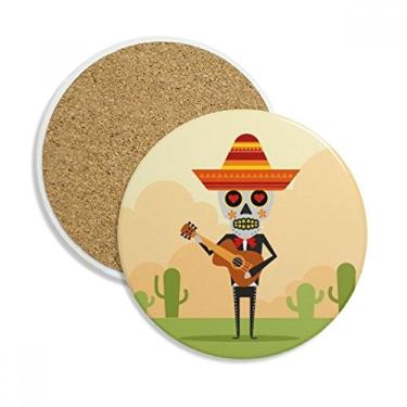 Imagem de Caneca de porta-copos com estampa de violão de caveira de chapéu Caneca de proteção de mesa Pedra absorvente