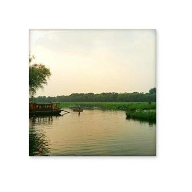 Imagem de Azulejo de cerâmica com vista do lago do pôr do sol brilhante decalque de tijolos esmaltados