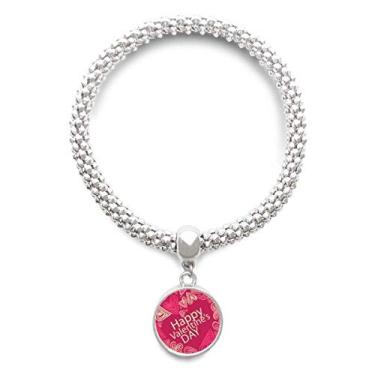 Imagem de Pulseira de prata com pingente de coração rosa Happy Valentine's Day Bracelete ajustável