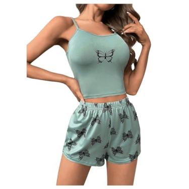 Imagem de SOLY HUX Conjunto de pijama feminino com estampa de pijama com shorts, conjunto de 2 peças, Borboleta verde, P