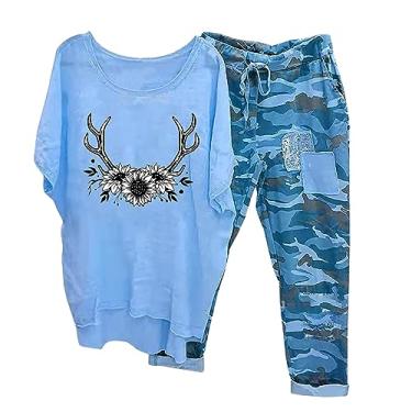 Imagem de Conjunto de 2 peças de linho para mulheres, para sair, férias de verão, girassol, camiseta estampada de manga curta com remendo, calça camuflada, Azul, 4X-Large