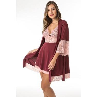 Imagem de Kit Robe Roupão de Banho + Camisola Com Renda Lingerie Luxo Conforto -