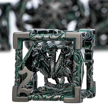 Imagem de ARUOHHA Hollow DND Dice Set Black Green 5-Headed Dragons D and D Dice with Gift Box, RPG Role Playing Games 7PCS Metal Dungeons Polyhedral Dice Set D20 D12 D10 D8 D6 D4