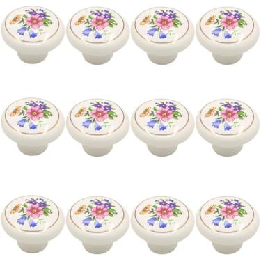 Imagem de Tverghvad Puxadores de gaveta de cerâmica pintados à mão, [pacote com 12] puxadores de cômoda vintage pintados com flores, puxadores e puxadores brancos para armário de cozinha (branco, 12 peças)