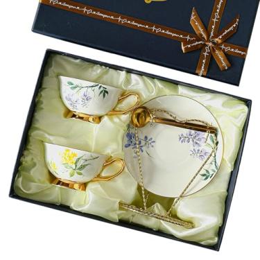 Imagem de Xícara de café e pires personalizados de porcelana de osso de 220 ml/8 onças, conjunto de chá da tarde retrô para casa - monocromático - flor amarela + flor roxa com caixa de suporte de copo