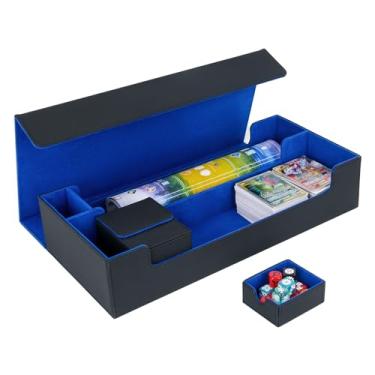 Imagem de Caixa de baralho de cartas, extra grande caixa de armazenamento de baralho de cartas premium para 5 decks caixa de cartas com estojo e compartimento removível, capa de baralho de cartas compatível com MTG/TCG/Yugioh/Magic/Commander (preto e azul)