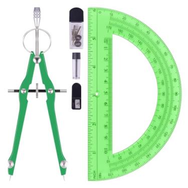 Imagem de Unjoo Conjunto de bússola e transferidor, ferramenta profissional de bússola de desenho, bússola de metal com refis extras, bússola para geometria e transferidores matemáticos de 15 cm 180 graus