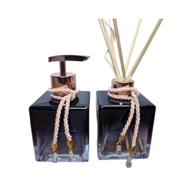 Imagem de Kit Lavabo Vidro Degradê Preto 250Ml com Difusor, Saboneteira, Aromatizador e Dispenser Porta Sabonete Líquido Organizador Para Banheiro - Luiggi Presentes® (Preto e Rosê Gold)