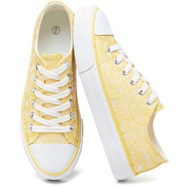Imagem de yageyan Tênis feminino branco de lona cano baixo tênis feminino moderno para caminhada casual lona confortável, Amarelo, 37