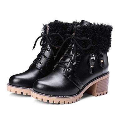 Imagem de Bigfanshu Botas femininas de cano baixo, modelos de cano redondo, moda grossa, com tubo curto, cor sólida, salto alto selvagem, Preto, 38 M EU
