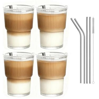 Imagem de AFINSEA Copo de vidro de 370 ml com tampa e canudo, copo de café gelado, copos de vidro transparentes reutilizáveis para água, chá gelado, café, suco, perfeito para uso diário e em movimento (4 peças