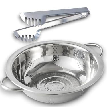 Imagem de Escorredor de Massas 33CM Inox Grande Multiuso – Com Alça | Utensílio Cozinha para Lavar Arroz, Macarrão, Vegetais + Pegador de Macarrão 20CM (33cm grande)