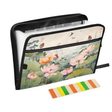 Imagem de Wassud Lótus Flores Pintura Acordeão Arquivo Organizador Letra A4 Pasta de Arquivo de Papel Organizador de Documentos Folio com Etiquetas Pasta de Arquivo Expansível 13 Bolsos