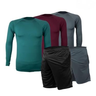 Imagem de 3 Camisetas Térmica Segunda Pele + 2 Calções Masculino Bermuda com Bolso Proteção UV (GG, Verde-Vinho-Cinza-Preto-Cinza)