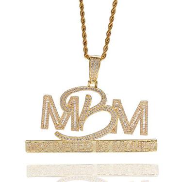 Imagem de Colar ICEDIAMOND 14K Grande Diamante MBM Motivado Por Dinheiro, Pingente de Strass Bling de Gelo com Corrente de Tênis, Jóias Hip Hop para Homens Mulheres (Gold,24''Rope)