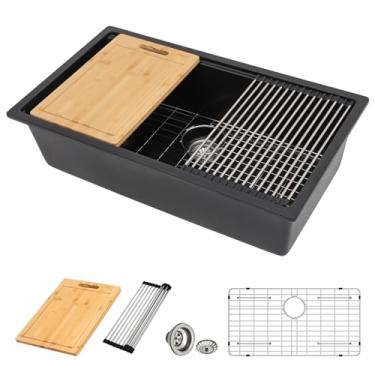 Imagem de Pia de cozinha composta de 30 granitos - Donsdey Pia de cozinha de 76 cm com borda composta de granito estação de trabalho undermount quartzo preto fosco clássico embaixo do balcão bacia de pia única