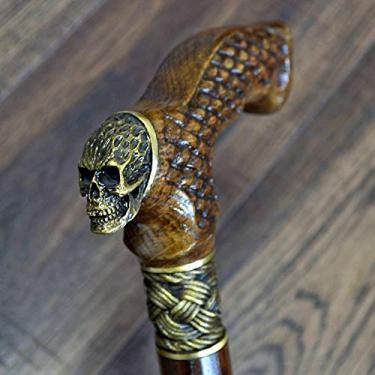 Imagem de Bastões de caminhada de carvalho canas esculpidas em madeira bronze feito à mão bastão de bengala acessórios masculinos (cratera de caveira)