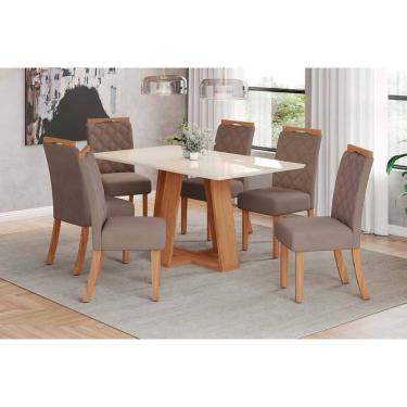 Imagem de Conjunto: Mesa de Cozinha Lins c/ Tampo Madeirado c/ Vidro 160x90cm e 6 Cadeiras Bella Nature/Suede Light Marrom Amendoa - Henn